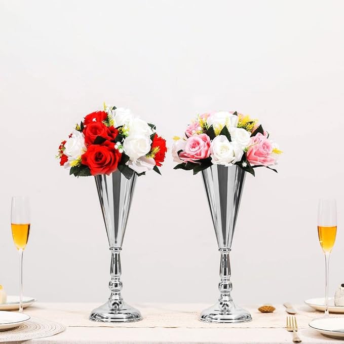 Tabletop Metal Wedding Flower Trumpet Vase Table Decorative Gold,Silver Candlestick Holders Flower Vase Stand Wedding Road Lead Tall Flower Holders (Silver, 10xM)