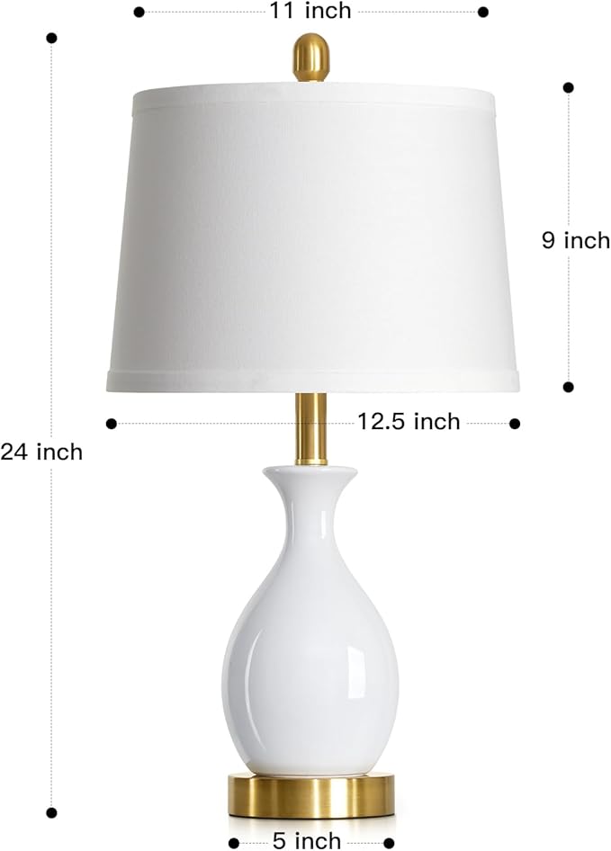 24" White Ceramic Table Lamps Set of 2 for Bedroom, Modern Classic Bedside Lamps for Nightstand, Small Table Lamp for Living Room Side Table (2 LED Bulbs Included)