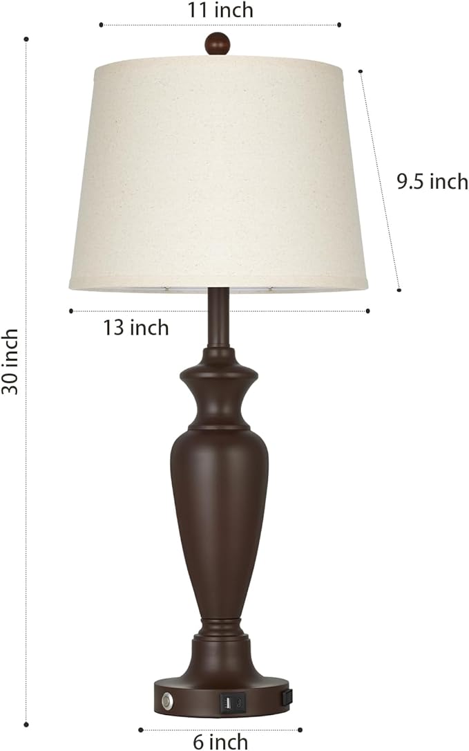 30" Tall Metal Table Lamps Set of 2, Touch Control Bedside Lamps for Bedroom Nightstand, 3-Way Dimmable Farmhouse Lamp for Living Room with Charging Ports, Brown (2 LED Bulbs Included)