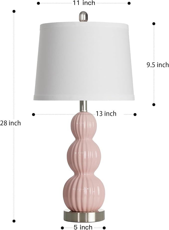 28" Pink Ceramic Table Lamps Set of 2, Modern Bedside Lamps for Night Stands, Triple Gourd Table Lamp for Living Room End Table or Bedroom Nightstand (2 LED Bulbs Included)
