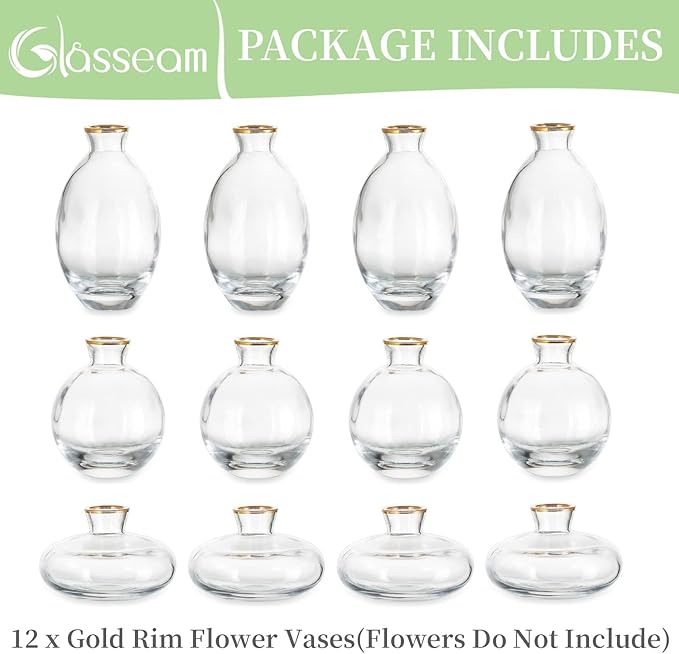 Glass Bud Vase for Centerpieces: 12Pcs Glasseam Gold Rim Mini Small Vases for Flowers Bulk Flower Vase Set Aesthetic Cute Handmade Tiny Short Wedding Table Centerpiece Decor