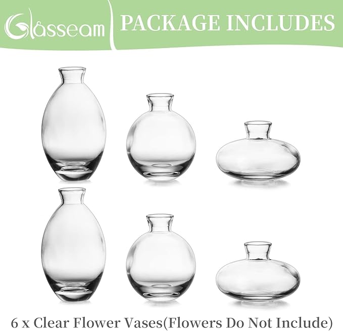 Glass Bud Vase for Centerpieces, 6Pcs/2Sets Glasseam Modern Clear Mini Small Vases for Flowers Bulk Flower Vase Set Aesthetic Cute Handmade Tiny Short Wedding Table Centerpiece Decor