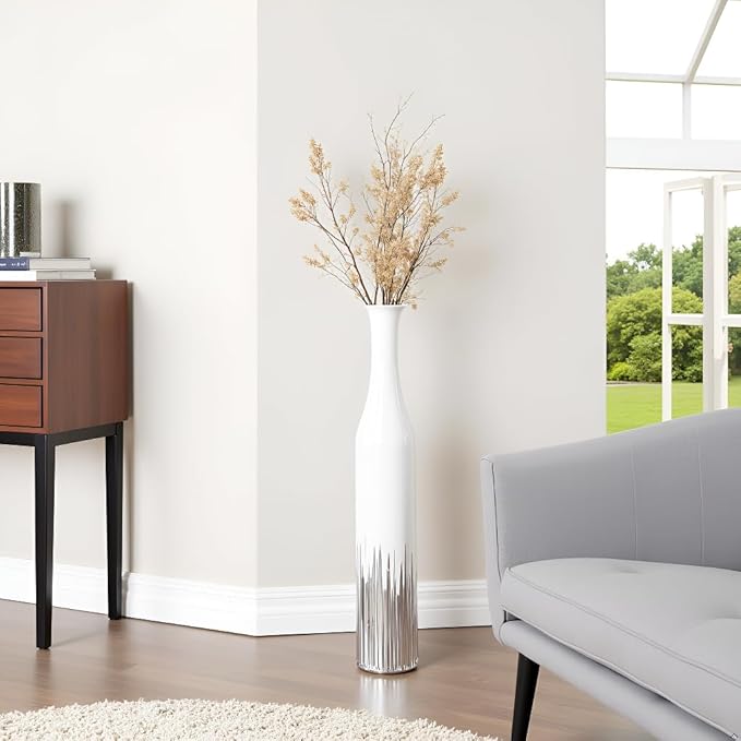 27.5 Inch White Floor Vase – Silver Geometric Tooth Pattern, Cylindrical Decorative Tall Vases for Modern Home, Wedding, Entryway – Resin Tall Floor Vase