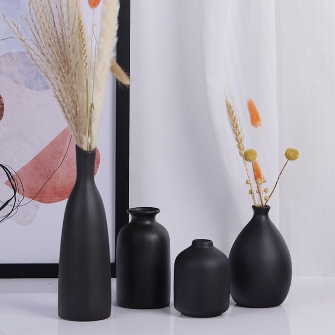 Black Ceramic Bud Vases Set of 4, Farmhouse & Mantle Decor, Living Room, Kitchen & Office, Coffee Table Decor, Bulk