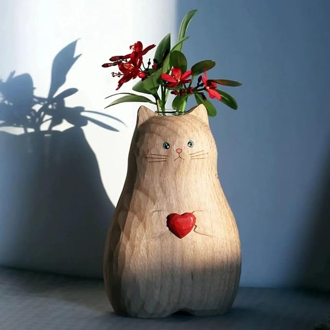 Wooden Color Cat Vase Handmade - BSELUTNGY Cute Creative Desktop Ornament and Healing Series for Office Decor Animal Design