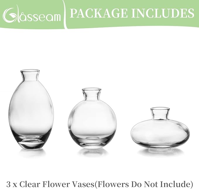 Glasseam Clear Glass Bud Vase, 3Pcs/Set Modern Decorative Small Mini Flowers Vases Short Minimalist Aesthetic Home Decor Vintage Cute Handmade Tiny Wedding Table Centerpieces for Single Flower Rose