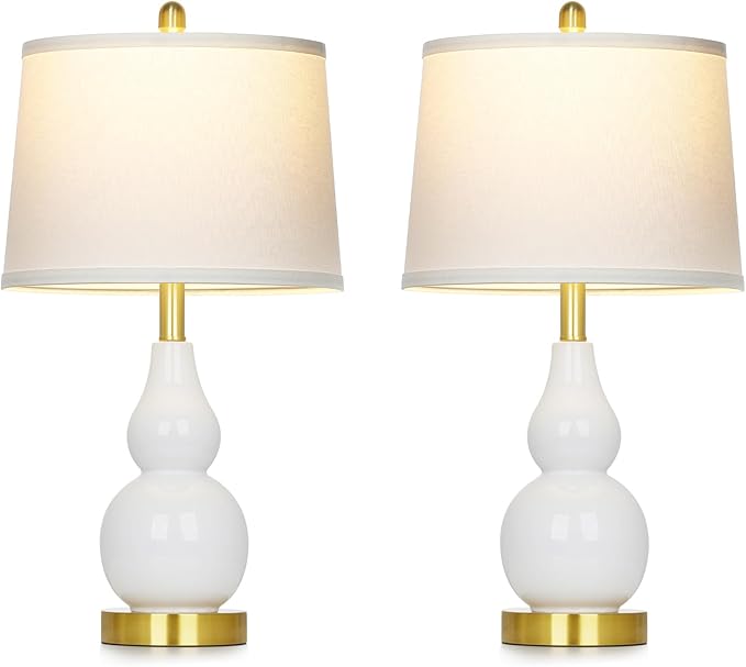 25" Ceramic Table Lamps Set of 2, Modern Double Gourd Ceramic Table Lamp for Living Room,White Rustic Farmhouse Bedside Nightstand Lamps with Fabric Shades for Bedroom Desk End Table Home Office Decor