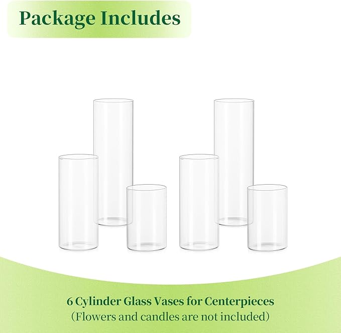 Glass Cylinder Vases Set of 6, Hewory Tall Clear Vase for Centerpieces, Glass Hurricane Candle Holders for Pillar Floating Candles, Round Vases for Wedding Events Table Decor, 2.6” in Diameter