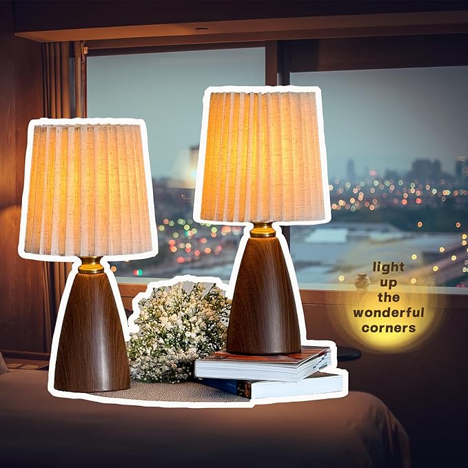 Small Pleated Table Lamp Set of 2 for Bedroom, Mini Bedside Lamps for Nightstand with Round Fabric Linen Shade, Dimmable Desk Lamp, Cute Table Lamps for Small Spaces for Living Room, Kids Room