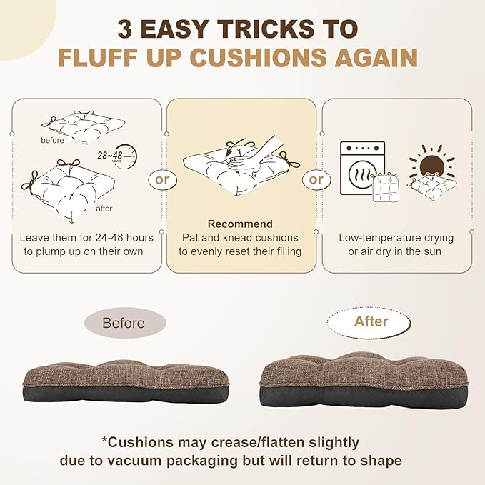 downluxe Indoor Chair Cushions for Dining Chairs, Tufted Overstuffed Textured Foam Kitchen Chair Pads with Ties and Non-Slip Backing, 15.5" x 15.5" x 4", Brown, 6 Pack