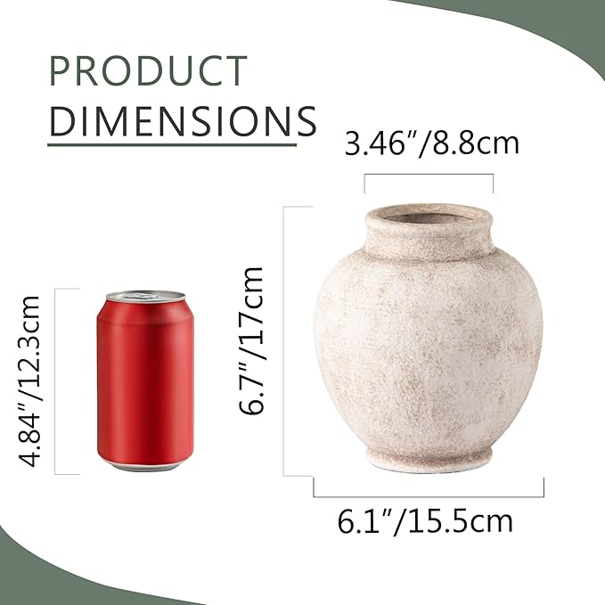 Ceramic Flower Vase, 6.7 Inch White Rustic Farmhouse Decorative Vase Pottery Pampas Grass Vases for Home Decor Table Living Room Entryway Mantel Bookshelf Bedroom Bathroom Kitchen - Rustic White