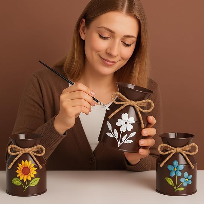 Domensi 5.12 Inch Farmhouse Metal Flower Vase Decor Rustic Galvanized Milk Can Jug Vase with Bow Flower Buckets for Table Centerpiece Fall Halloween Wedding Home Dinging Room Decor(Brown,12 Pcs)