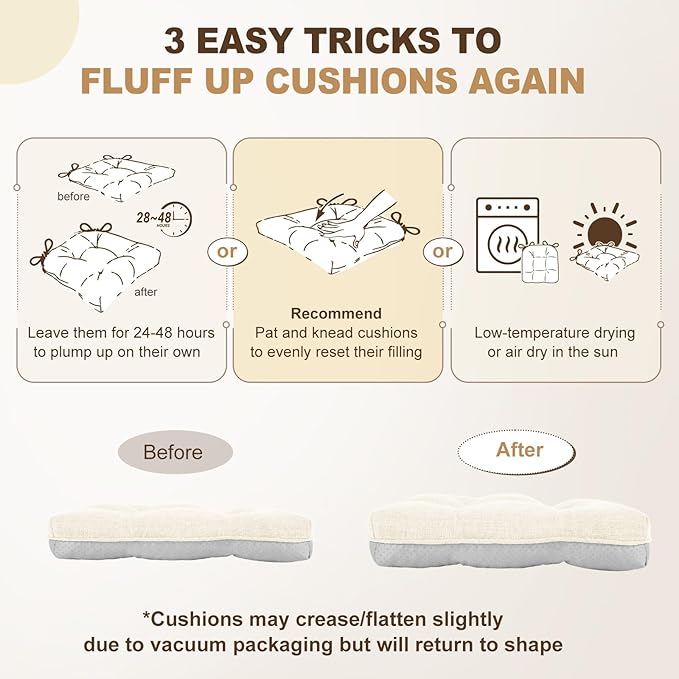 downluxe Indoor Chair Cushions for Dining Chairs, Tufted Overstuffed Textured Foam Kitchen Chair Pads with Ties and Non-Slip Backing, 15.5" x 15.5" x 4", Beige, 4 Pack