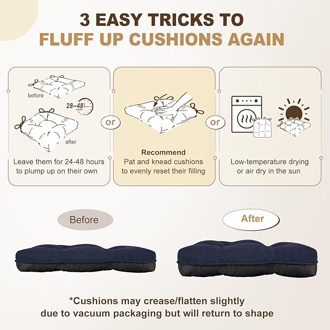 downluxe Indoor Chair Cushions for Dining Chairs, Tufted Overstuffed Textured Foam Kitchen Chair Pads with Ties and Non-Slip Backing, 15.5" x 15.5" x 4", Navy, 4 Pack