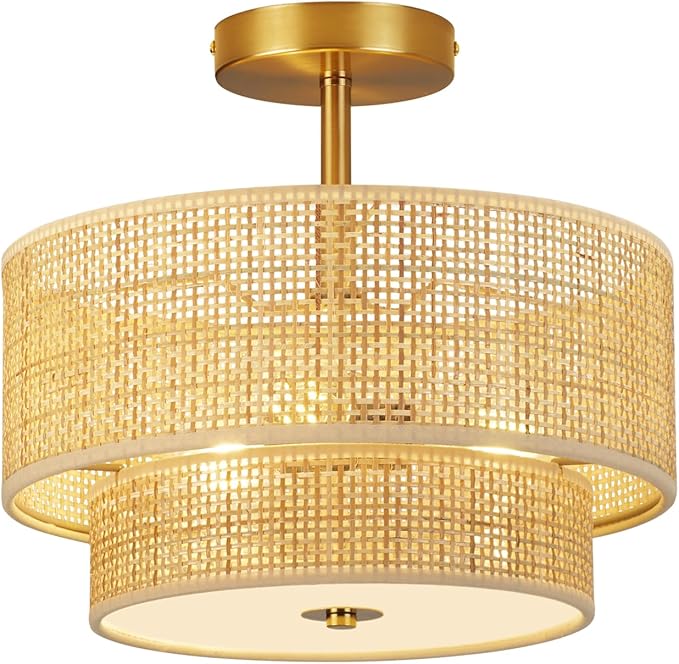 Boho Light Fixture Ceiling Mount,13'' Semi Flush Mount Ceiling Lights Fixture,3-Light Farmhouse Chandelier,Rattan Ceiling Light with 2-Tier Drum Shade,Drum Light Fixture for Bedroom Living Room
