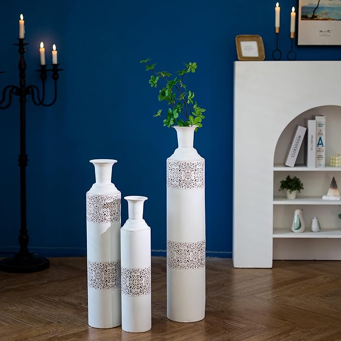 Sziqiqi Floor Vase Tall White Vases - Extra Large Metal Flower Vase Set of 3 Big Vases for Home Decor Living Room Decorative Vintage for Pampas Grass Feathers Twigs Branches Dried Flowers