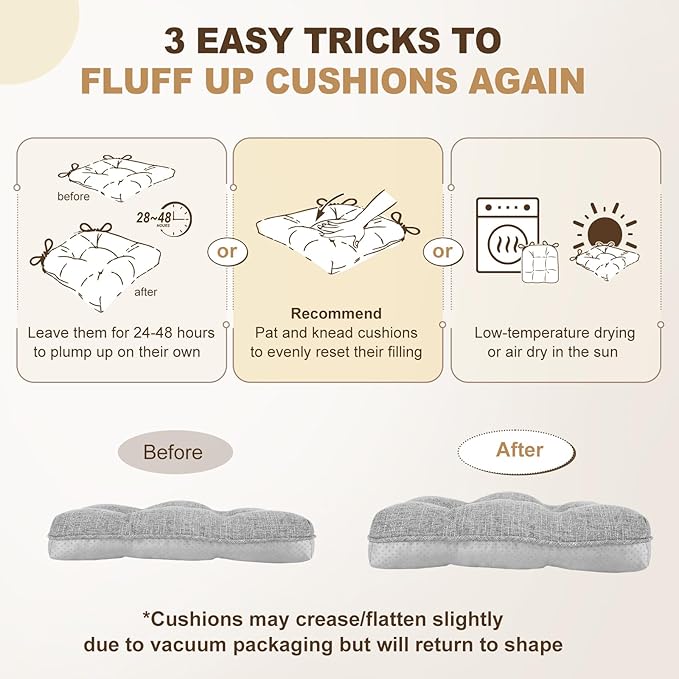 downluxe Indoor Chair Cushions for Dining Chairs, Tufted Overstuffed Textured Memory Foam Kitchen Chair Pads with Ties and Non-Slip Backing, 15.5" x 15.5" x 4", Light Grey, 4 Pack