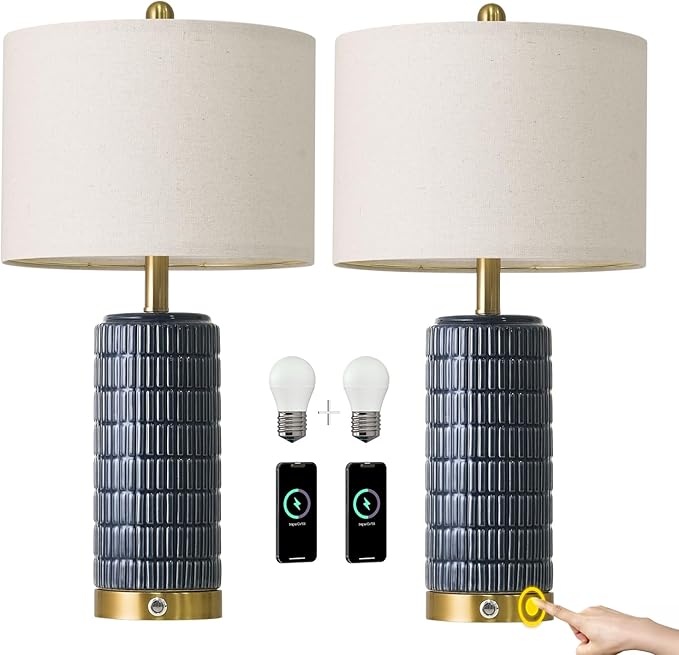 PoKat Touch Bedside Table Lamps with USB Ports for Bedroom, 25'' Dimmable Nightstand Touch Lamps for Living Room, Blue Ceramic Lamps with Gold Base for Night Stands Bedroom, Nursery, Dark Blue