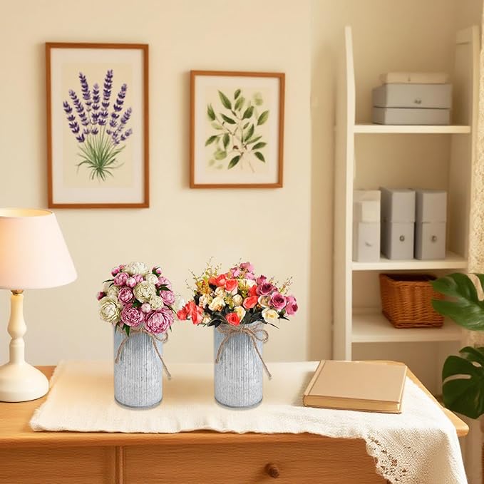 6" High Vase Centerpiece for Table, Rustic Farmhouse Mason Jars with Twine Bow, Vintage Galvanized Metal Flower Container for Wedding Home Decor (Silver, 2Pcs)