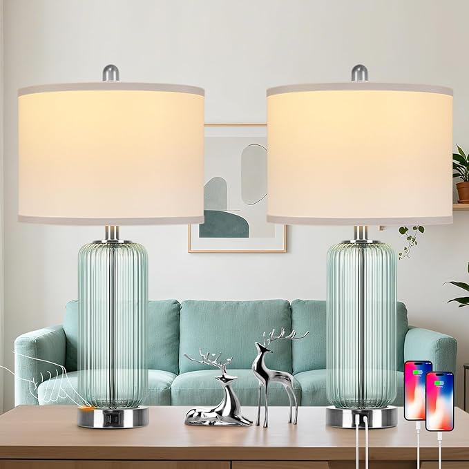 Table Lamps Set of 2 with Vertical Grained Glass, Teal Bedside Table Lamp, 3-Way Dimmable Nightstand Lamp with Touch Control, 27" Modern Glass Bedside Lamps with USB A+C Ports, Desk Lamp for Bedroom