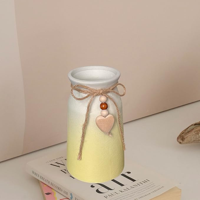 6-Inch Ceramic Flower Vase with Jute Rope & Heart Charm | Perfect for Boho, Farmhouse & Modern Home Décor, Yellow