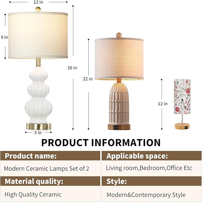 Modern White Table Lamps Set of 2 - Bedside Lamps for Night Stands, 26" Triple Gourd Ceramic Lamps for Living Room with USB A+C Ports & AC Outlet,3 Way Touch Lamps for Bedroom (LED Bulbs Included)