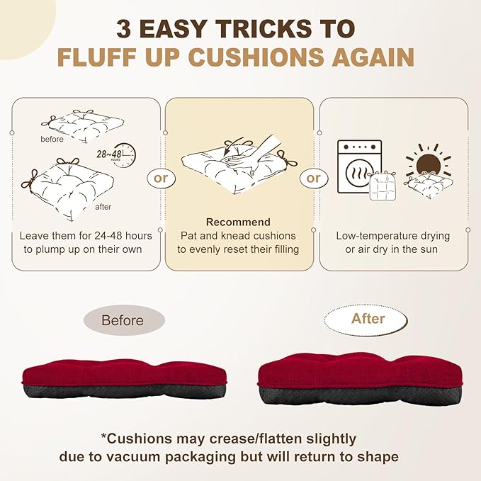 downluxe Indoor Chair Cushions for Dining Chairs, Tufted Overstuffed Textured Foam Kitchen Chair Pads with Ties and Non-Slip Backing, 15.5" x 15.5" x 4", Red, 6 Pack