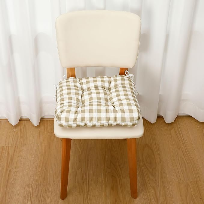 Geetery 4 Pack Chair Cushions for Dining Chair Kitchen Seat Pads with Ties Buffalo Plaid Soft Comfy Square Seat Pads for Home, Outdoor, Patio, Room (Khaki,White)