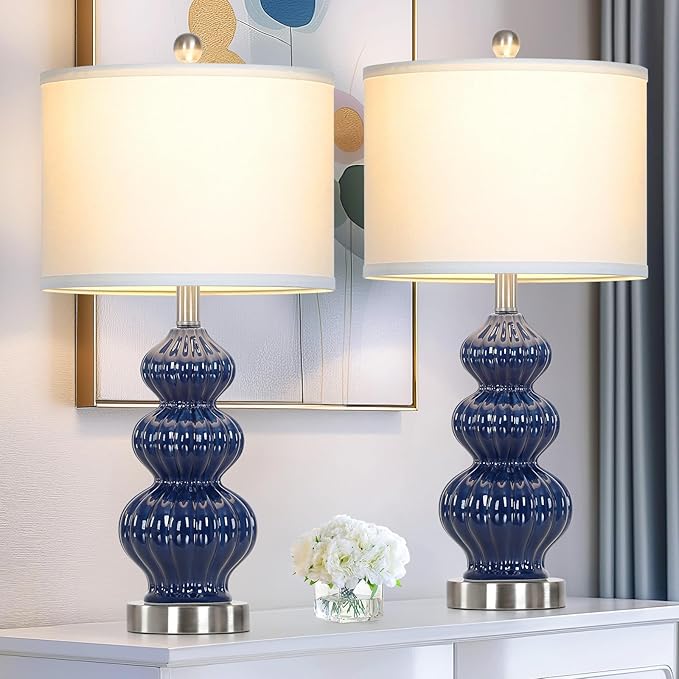 Triple Gourd Ceramic Table Lamps Set of 2, Modern Blue Bedside Lamps with Rotary Switch, Contemporary Nightstand Lamps for Bedroom Living Room