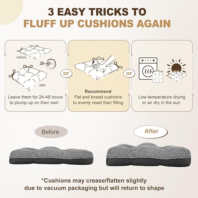 downluxe Indoor Chair Cushions for Dining Chairs, Tufted Overstuffed Textured Foam Kitchen Chair Pads with Ties and Non-Slip Backing, 15.5" x 15.5" x 4", Dark Grey, 4 Pack