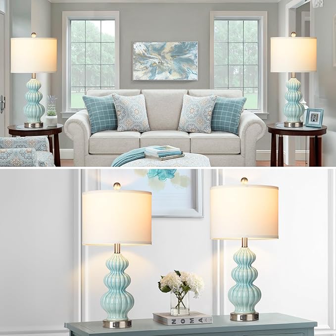 Ceramic Table Lamps Set of 2, Green Modern Bedside 26" Nightstand Lamp 3-Way Dimmable Lamp for Bedroom Living Room Contemporary, Side Table Lamp, Bulbs Included