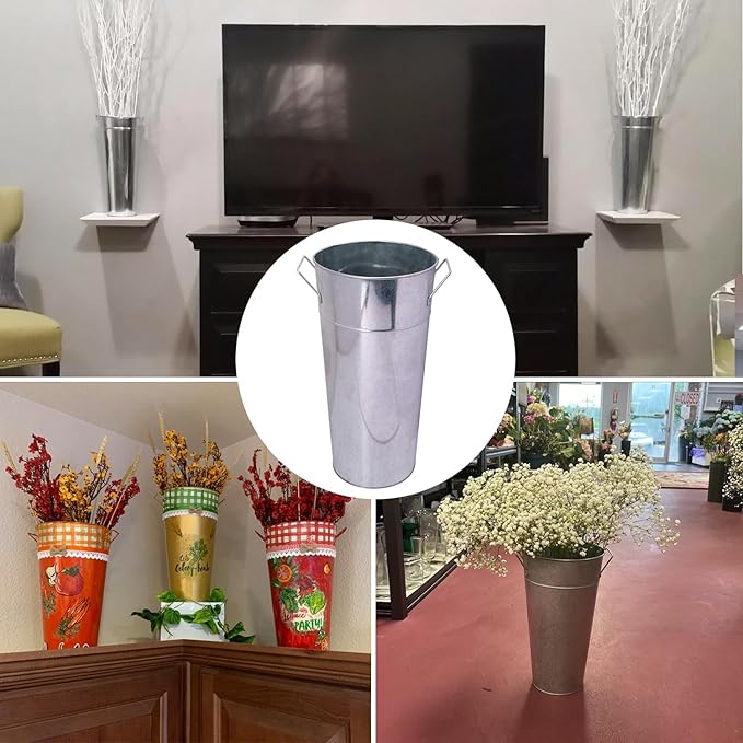 2 Pcs 15 Inch Tall Galvanized Metal Vase with Handles, French Flower Bucket Vases for Any Farmhouse, Modern, or Traditional Setting(Silver)