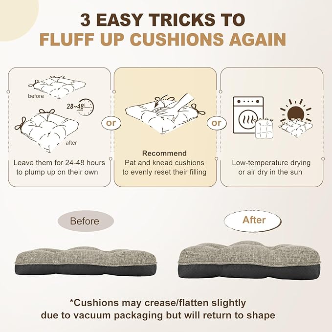 downluxe Indoor Chair Cushions for Dining Chairs, Tufted Overstuffed Textured Foam Kitchen Chair Pads with Ties and Non-Slip Backing, 15.5" x 15.5" x 4", Khaki, 6 Pack