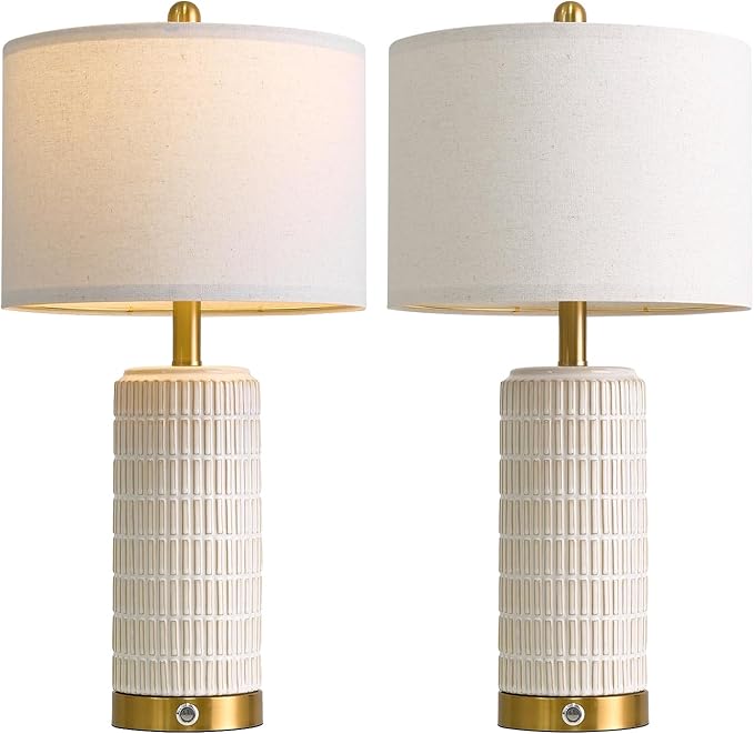 PoKat Touch Bedside Table Lamps with USB Ports for Bedroom, 25'' Dimmable Nightstand Touch Lamps for Living Room, Modern Ceramic Lamps for Night Stands Bedroom, Office, Nursery, White and Beige