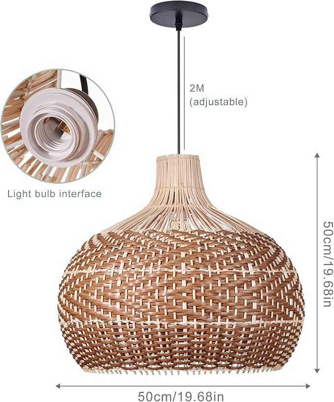 Arturesthome 19.68" Wicker Chandelier Coffee,Boho Basket Rattan Pendant Lighting Fixtures,Large Natural Woven Hanging Ceiling Lights Lamp Shade for Kitchen Island