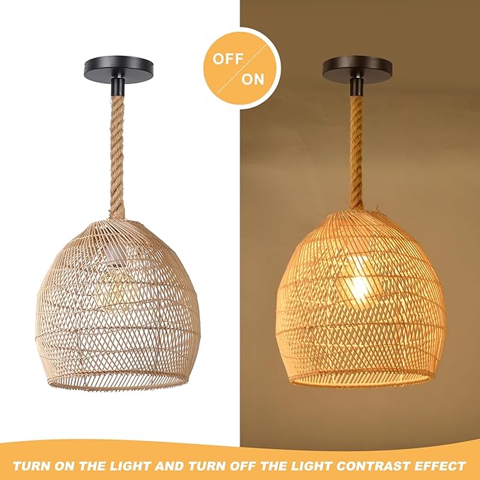 1 Light Rattan Pendant Light, Boho Coastal Wicker Chandelier, Hemp Rope 11.81''W Woven Hanging Lampshade Ceiling Lighting Fixture for Kitchen Island Bedroom Restaurants
