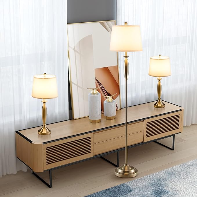 Tangkula 3-Piece Modern Lamp Set, 2 Table Lamps & 1 Floor Lamp with Weighted Base and Eye-Protecting Lamp Shade, Perfect for Bedroom & Living Room, 3 x E26 Bulbs Required (Nickel)