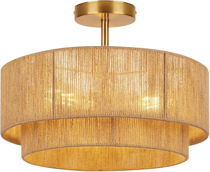 16'' Semi Flush Mount Ceiling Light,Boho Light Fixtures,3-Light Coastal Hemp Rope Ceiling Light Flush Mount with 2-Tier Drum Shade,Farmhouse Rattan Ceiling Lights for Bedroom, Kitchen,Living Room