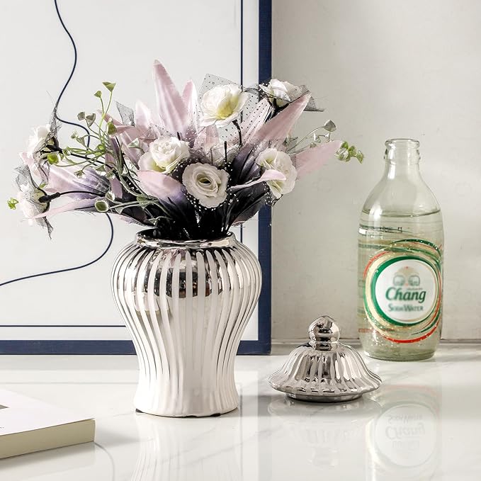Ginger Jars for Home Decor, Ceramic Ginger Jar with Lid Modern Handmade White and Silvery, Modern Decorative Vase for Kitchen, Bookshelf Decor, Storage jar, Table Center Vase, Temple Jar(9in)