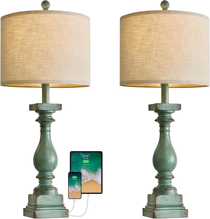 BOBOMOMO 27" Farmhouse Table Lamp Set of 2 with USB A+C for Bedroom Living Room Vintage Rustic Traditional Nightstand Bedside Lamps Retro Side Table Lamps (Green)
