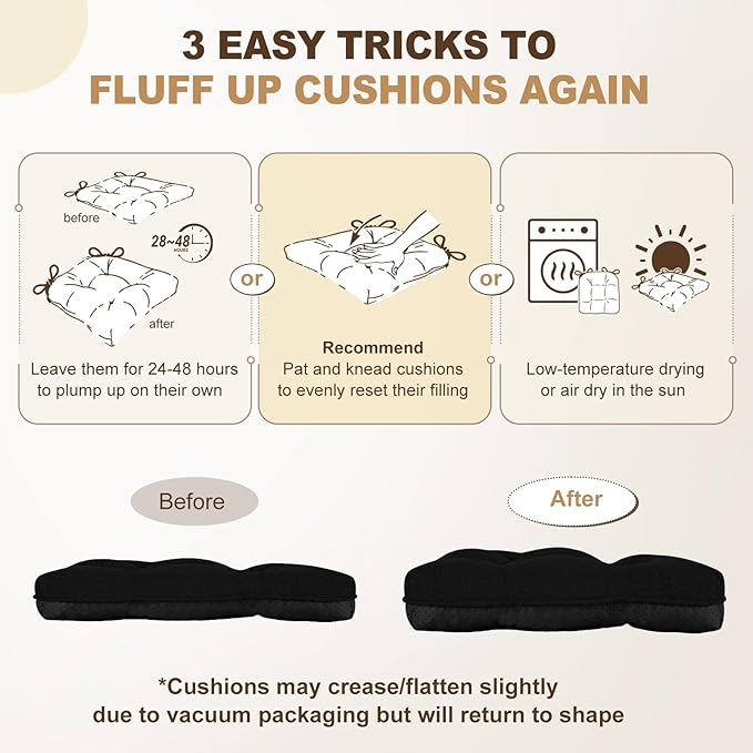 downluxe Indoor Chair Cushions for Dining Chairs, Tufted Overstuffed Textured Foam Kitchen Chair Pads with Ties and Non-Slip Backing, 15.5" x 15.5" x 4", Black, 4 Pack