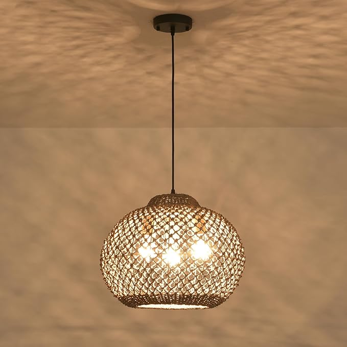 1-Pack 16.94” Rattan Pendant Light Fixture,3-Light Bohemian Handmade Woven Bamboo Rattan Ceiling Suspension Farmhouse Pendant for Kitchen Island Bedroom Living Room