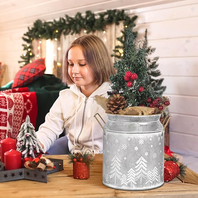 Putuo Decor Large Metal Milk Can with White Winter Forest Snowflake Design Rustic Farmhouse Holiday Vase with Gold Handles Vintage Christmas Décor for Festive Centerpieces Home Accents (Silver Grey)