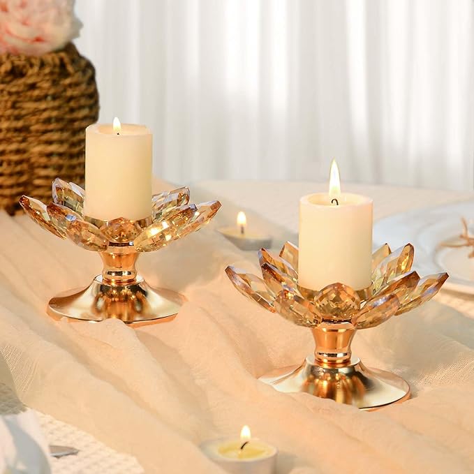 1 PC Gold Crystal Flower Tea Light Holder, Glass Tealight Candlestick with Metal Base, Votive Candle for Table Centerpiece, Wedding/Parties Decor, Nice Gift