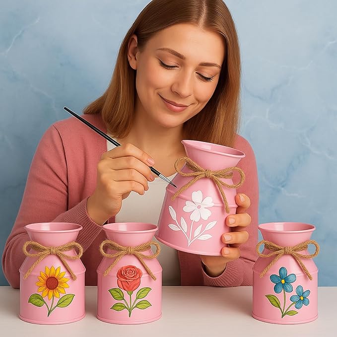 Domensi 5.12 Inch Farmhouse Metal Flower Vase Decor Rustic Galvanized Milk Can Jug Vase with Bow Flower Buckets for Table Centerpiece Fall Halloween Wedding Home Dinging Room Decor(Pink,6 Pcs)