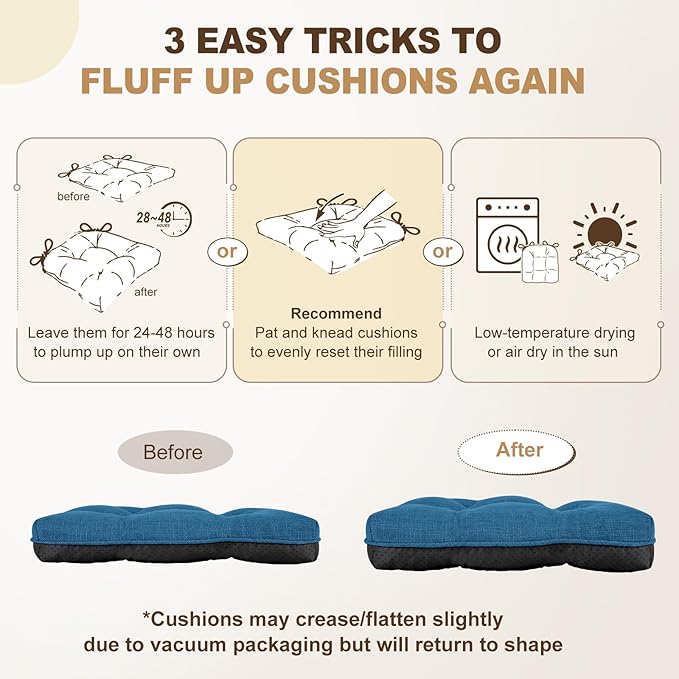 downluxe Indoor Chair Cushions for Dining Chairs, Tufted Overstuffed Textured Foam Kitchen Chair Pads with Ties and Non-Slip Backing, 15.5" x 15.5" x 4", Turquoize, 4 Pack