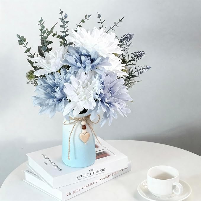 Elegant Ceramic Vase | 6-Inch Flower Vase with Jute Rope & Heart Charm | Modern, Farmhouse, & Boho Home Décor, Blue Color