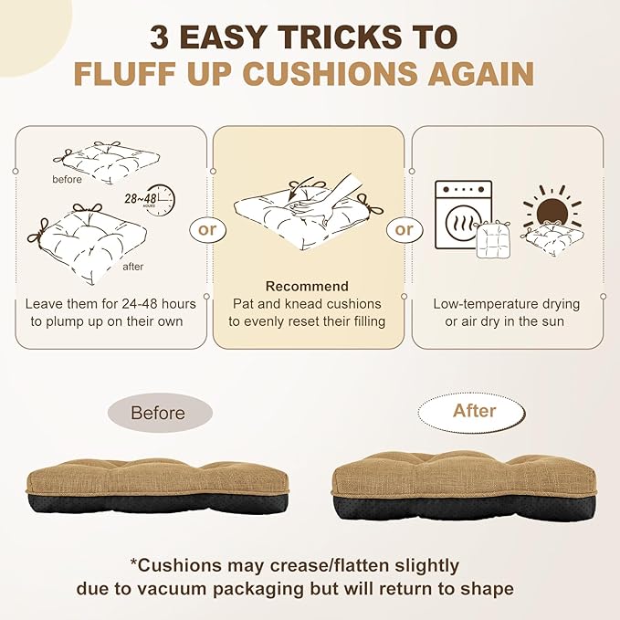 downluxe Indoor Chair Cushions for Dining Chairs, Tufted Overstuffed Textured Foam Kitchen Chair Pads with Ties and Non-Slip Backing, 15.5" x 15.5" x 4", Taupe, 4 Pack