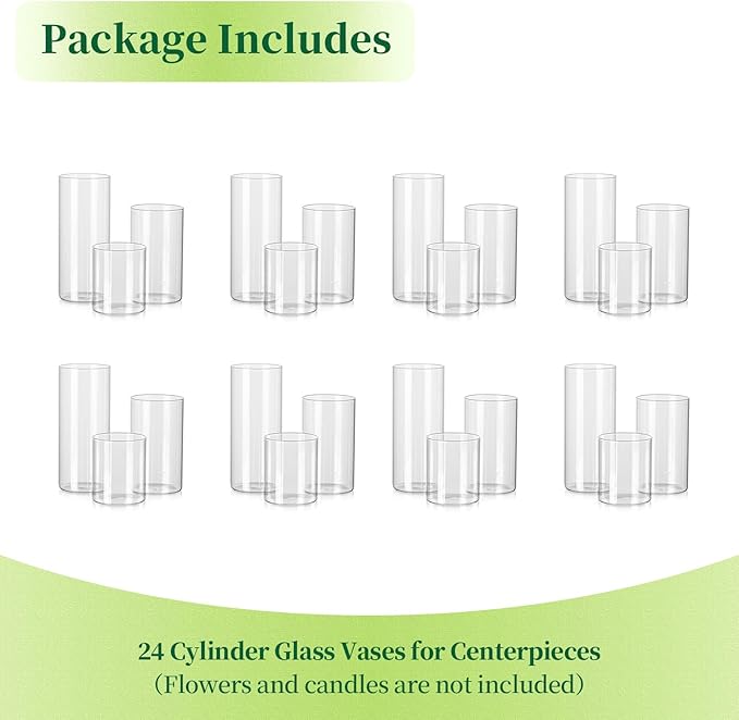 Glass Cylinder Vases Set of 24, Hewory Tall Clear Vase for Centerpieces, Glass Hurricane Candle Holders for Pillar Floating Candles, Round Vases for Wedding Events Table Decor, 2.6” in Diameter