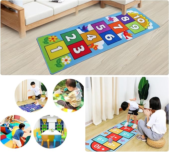Hop and Count Hopscotch Rug, Kids Floor Play Area Rug Game Carpet Crawl Jump Mat, Children Numbers Learning Non-Slip Rug, Great for Ages 3 to 7 Boys Girls, Home Decor, 26''x55''